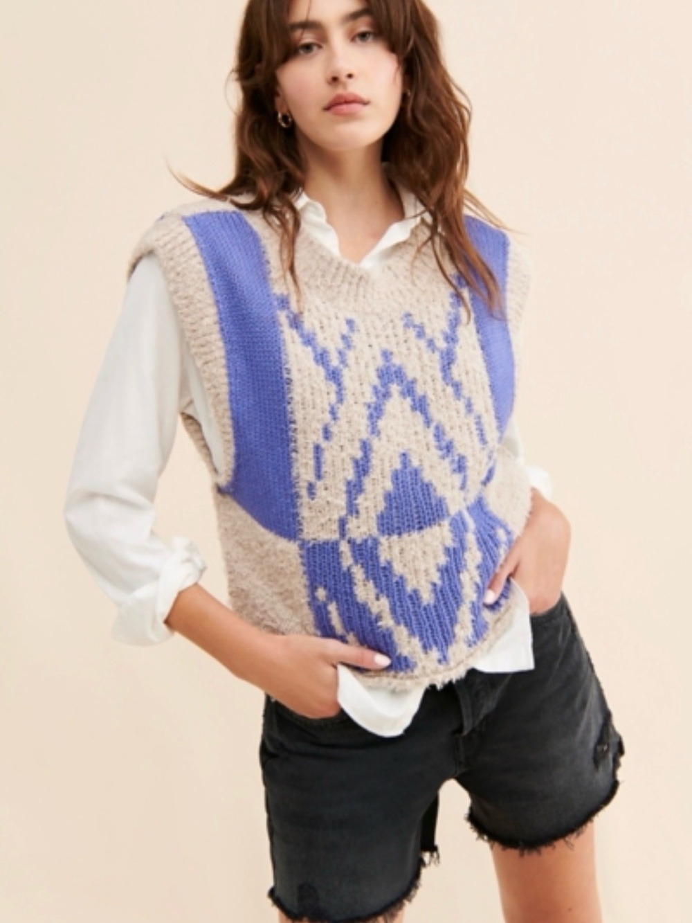 Free People Diamonds For Days Sweater Vest Blue Moon Combo Size M